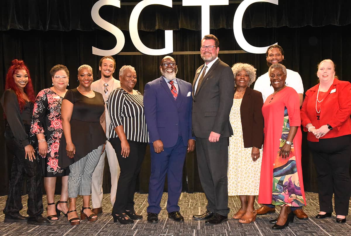 South Georgia Technical College President Dr. John Watford (right center) and speaker Carvel Lewis (left center) are shown above with the SGTC Black History Celebration program participants. They were: SGTC Cosmetology student Kaitlin Champion, SGTC Executive Assistant to the President Teresa O’Bryant, SGTC Air Conditioning student Shannon Jones, SGTC Rick Perkins Instructor of Year Chester Taylor, Cynthia Lewis-Anderson, Carvel Lewis, SGTC President Dr. John Watford, Alma Willis, Dr. Lucy Willis, SGTC GOAL student Tredarrian Colbert, and SGTC Criminal Justice Instructor Teresa McCook.