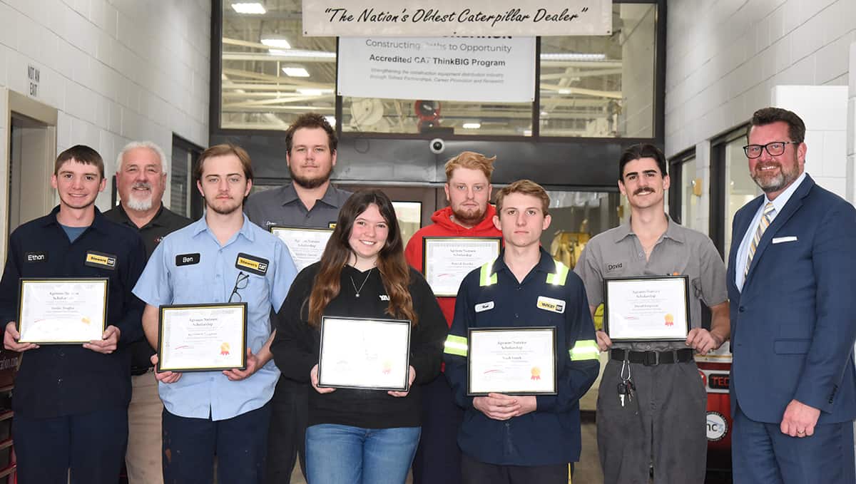 South Georgia Technical College President Dr. John Watford is shown above (far right) with SGTC Heavy Equipment Dealer Service Technology instructors Don Rountree (back row left) and the seven CAT Think Big students that received the scholarships for their outstanding academic and leadership qualities. They are: (front row l to r) Justin Ethan Troglin, Benjamin Smelcer, Alaina Worthington, and Noah K. Smith. On the back row (l to r) with instructor Don Rountree are: Andrew Turner, Patrick Hamby, and David Ferguson. Not shown are Andrew Grun and Dion Wilson.