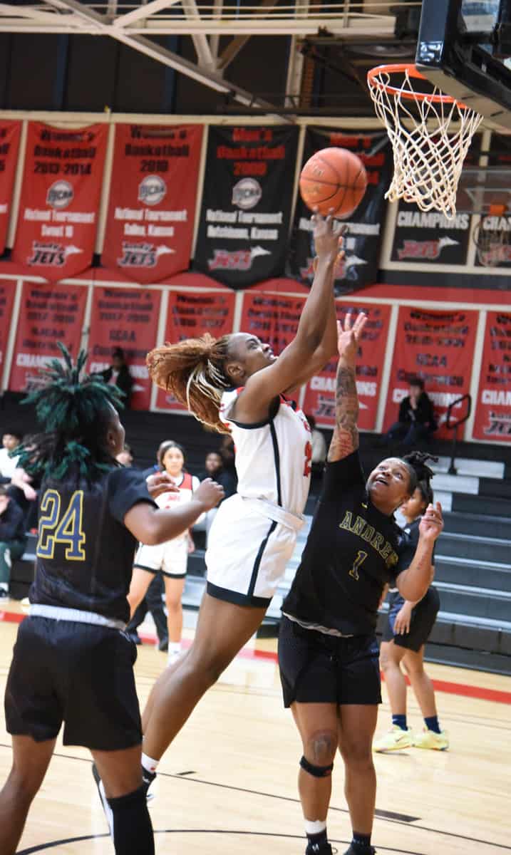 SGTC freshman center Maeve Fotsa Fofou, 22, was the leading scorer for the Lady Jets. She had 18 points and 17 rebounds.