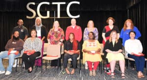 Pictured are nominees for SGTC Student of excellence and their instructors. Seated (l-r) DeAndre Victor, Agyalea Armond, Jakia Cox, Nikiya Lewis, Ashley Scott, and Aislin Vincente. Standing (l-r) are instructors Andre Robinson, Dorothea Lusane McKenzie, Teresa McCook, Chef Ricky Watzlowick, Jaye Cripe, Jeana Yawn, and Jennifer Childs. Not shown is John Welch.