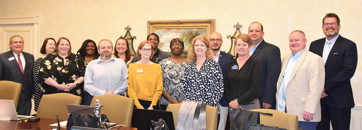 South Georgia Technical College President Dr. John Watford (right) is shown above welcoming individuals from TCSG and technical colleges in Georgia to the South Georgia Technical College peer risk review process. Shown (l to r) are SGTC’ Interim Vice President of Academic Affairs Paul Farr, Registrar Kari Bodrey, Financial Aid Director Kelly Everett, and Vice President of Student Affairs Eulish Kinchens with TCSG Compliance Coordinator James Chiara, TCSG Director Dual Achievement Programs Lauren Edgar, SGTC Vice President of Administrative Services Lea Coe, Augusta Tech Financial Aid Director Cicely Harpe, Wiregrass Technical College Executive Director of Financial Aid Shelia Thomas, SGTC Accounting Director Robin Bell, TCSG Compliance Manager for Student Affairs Robert Zelaya, Vice President of Academic Affairs Amanda Morris from Coastal Pines, Executive Director of Student Affairs Austin Johnson of Coastal Pines, TCSG Assistant Commissioner for Student Affairs/Secondary Initiatives Derek Dabrowiak and SGTC President Dr. John Watford.