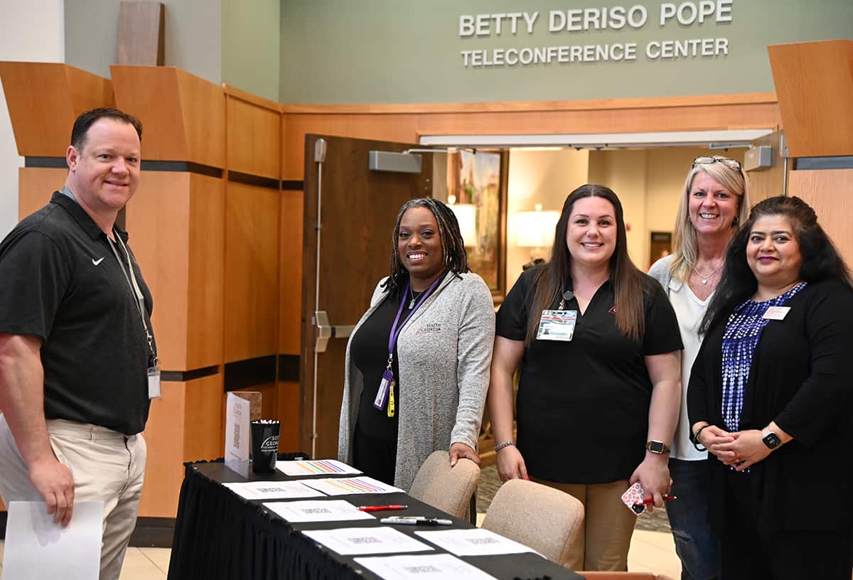 South Georgia Technical College Assistant Vice President of Student Affairs Josh Curtain is shown above with SGTC’s Jennifer Robinson, Beth Wisham, Amy Williams of Resa, and SGTC’s WIOA Coordinator Sandhyai Muljibhai waiting to greet students at the Skilled Trades Expo at SGTC recently.