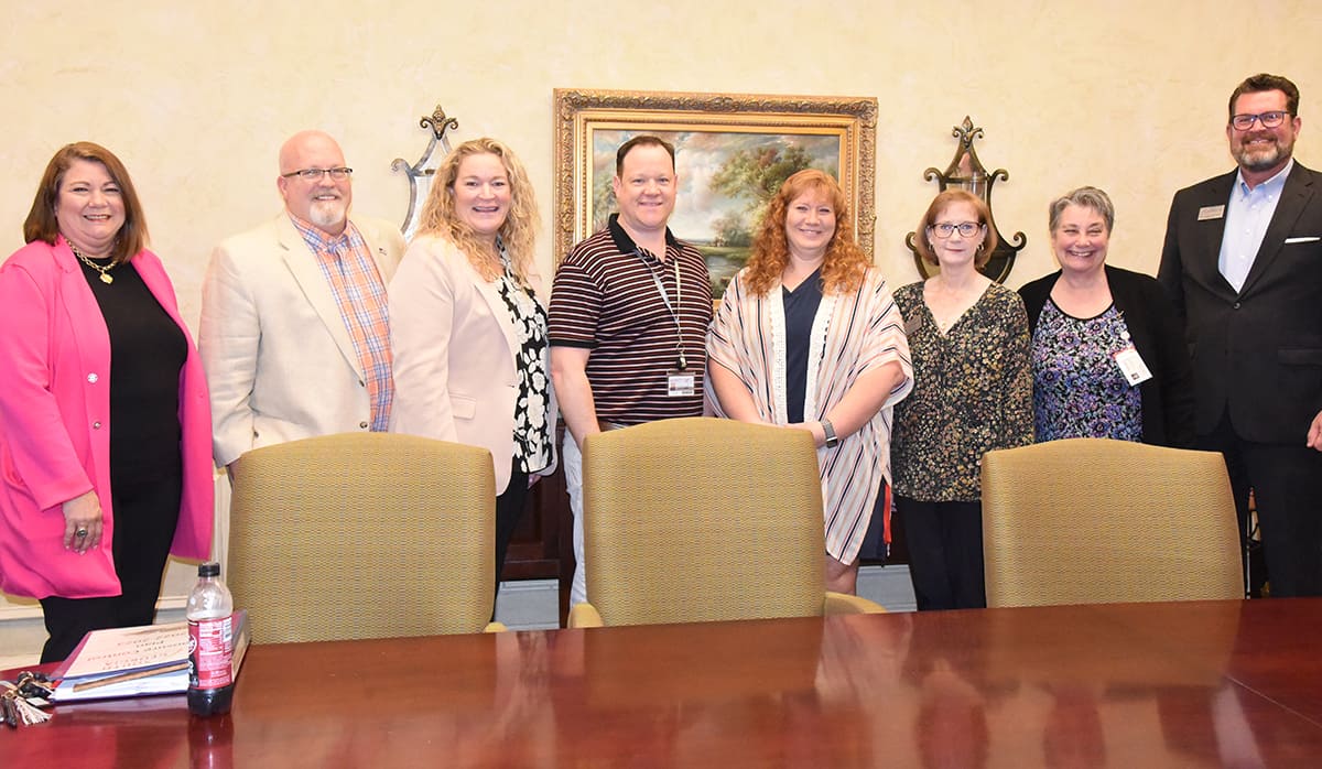 South Georgia Technical College President Dr. John Watford (right) is shown above welcoming individuals from TCSG participating in the public safety assessment. Shown (l to r) are SGTC Vice President of Operations Karen Werling, TCSG Accreditation Manager Jeffrey Miller, TCSG Chief of Police/Director of Public Safety Jennifer Ziifle, SGTC Assistant Vice President of Student Affairs Josh Curtain, SGTC Nursing Instructor Jennifer Childs, SGTC Vice President of Administrative Services Lea Coe and TCSG Emergency Manager Dr. Lisa Beck and SGTC President Dr. John Watford.