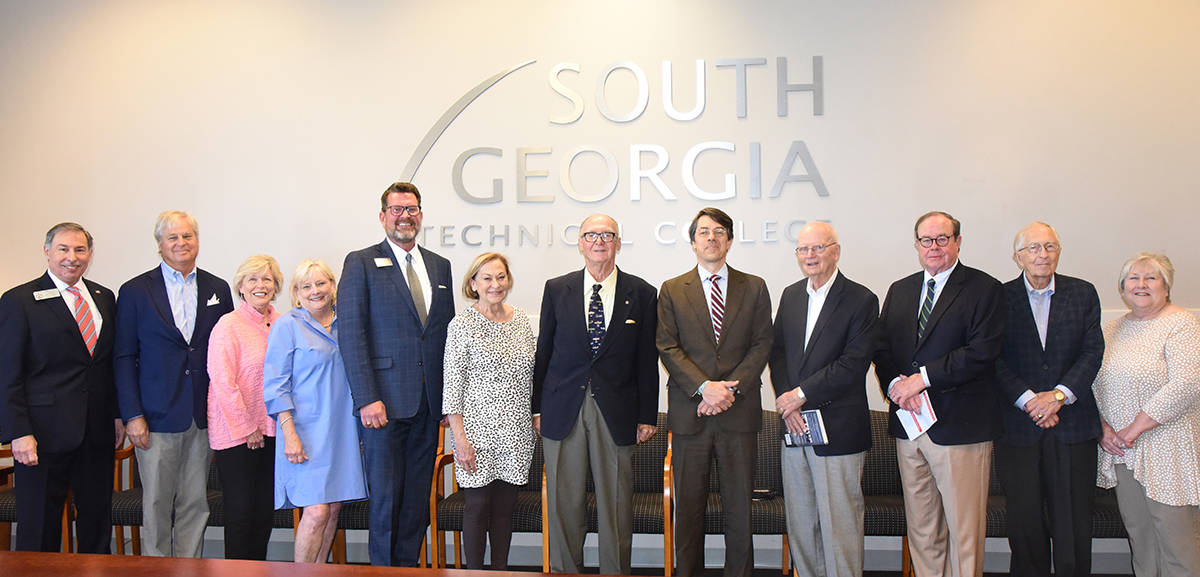 South Georgia Technical College President Dr. John Watford (fifth from left) is shown above with Linda and Howie Franklin (centered) who spoke at the Griffin B. Bell convocation at South Georgia Technical College. Shown (l to r) are SGTC Foundation member Mike Cheokas, Hulme and Janet Kinnebrew, Jere Kinnebrew Crisp (family of Griffin B. Bell), Dr. Watford, Linda Franklin, Howie Franklin, Griffin B. Bell, III (grandson of Griffin B. Bell, Sr.) SGTC Foundation Chairman Bill Harris, and foundation members Judge George Peagler, John Argo and Joy Nelson.