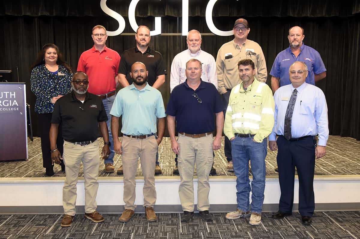 Pictured are members of the SGTC Industrial Programs Advisory Council. Back row (l-r): Sandhya Muljibhai, WIOA Coordinator; Brad Aldridge, Welding Instructor; Ted Eschmann, Welding Instructor; Brian White, Telecom Supervisor, Southern Company; Michael Jakulsky, Electrical Controls Engineer, Imerys; and Hunter Clements, Service manager, Truman’s A/C & Heating. Front row (l-r): Johnny Griffin, Air Conditioning Instructor; Johnny Villanueva, General Manager, Flint River Irrigation; Mike Collins, Electronics Instructor; Chet Ragsdale, Electrical Supervisor, Imerys; and Dr. David Finley, Academic Dean. Not pictured is Bryan McMichael, GM of Operations, Parker’s Heating and Air.