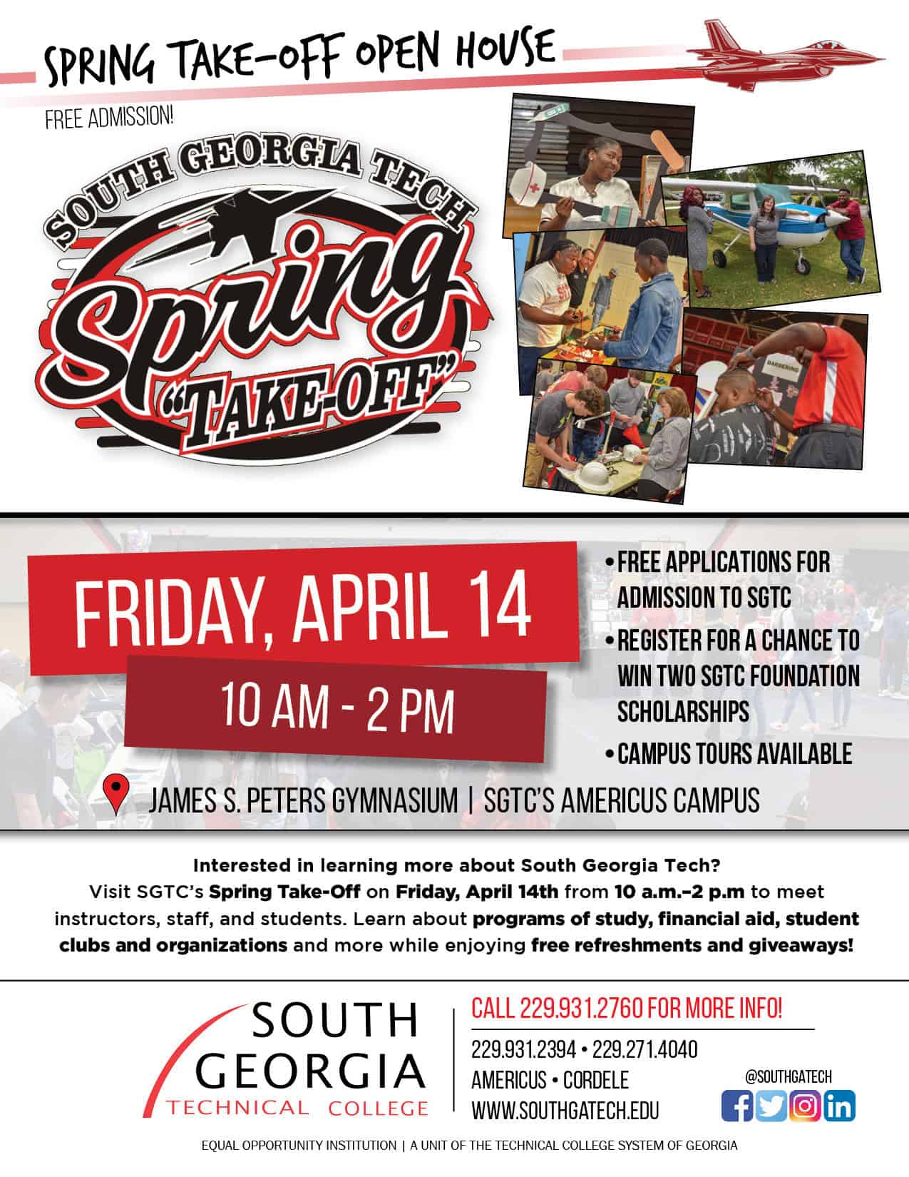 Come out and participate in the SGTC Spring Take-Off and Open House Event, Friday, April 14 from 10 a.m. until 2 p.m.