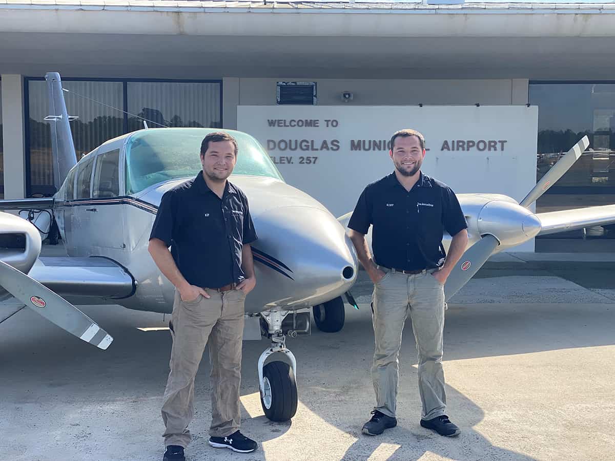 Seeing Double. South Georgia Technical College Aviation Maintenance Alumni Kip and Kolby McClelland are shown above in front of their business, Twin Aviation Repair, LLC in Douglas, GA.