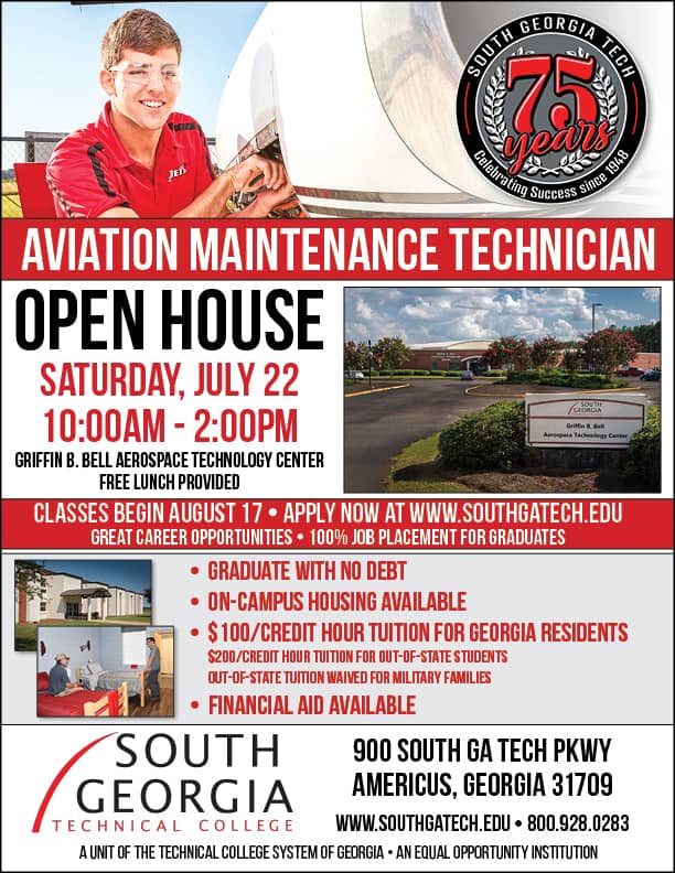 SGTC Aviation Maintenance Open House scheduled for Saturday, July 22 from 10 a.m. to 2 p.m. in the Griffin Bell Aerospace Center.