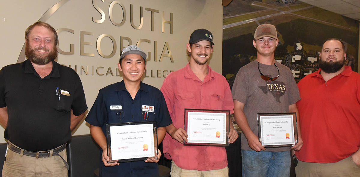 South Georgia Technical College Diesel Technology instructor Chase Shannon is shown above with the SGTC Foundation’s three Caterpillar Excellence Scholarship winners. They are Randy Robert II Ampler of Montezuma, Joah Gay of Milan, and Wyatt Morgan of Buena Vista. SGTC Diesel Technology instructor David Cox is also shown.
