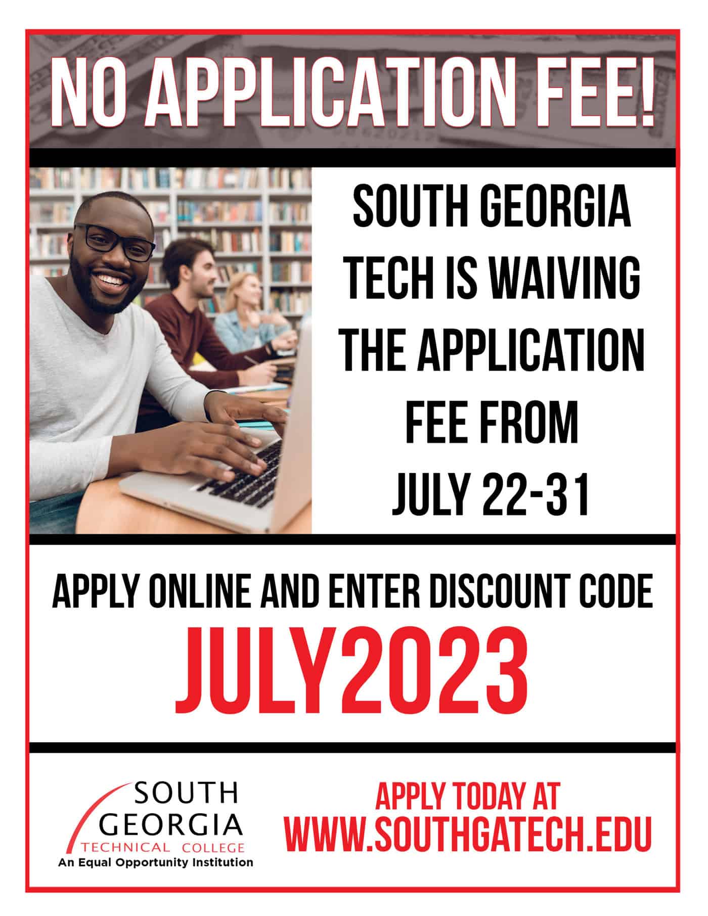 South Georgia Tech waiving apply fee from July 22 – 31, 2023.
