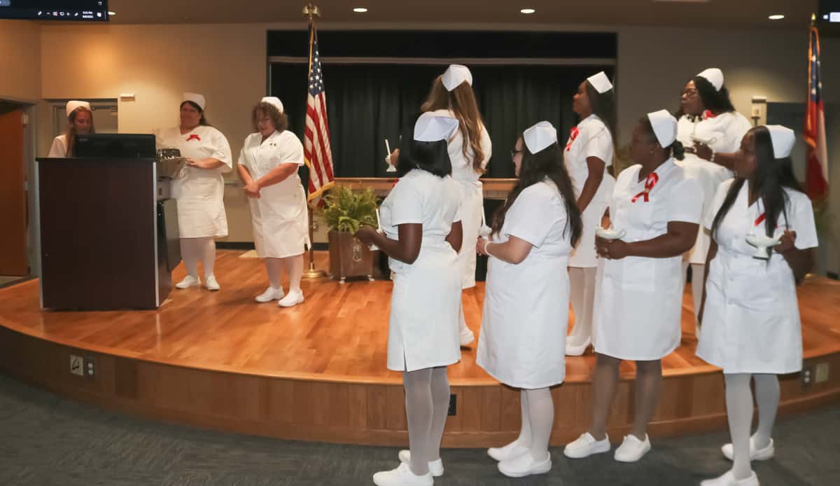 SGTC Practical Nursing graduates participate in a recent pinning ceremony at the college’s Crisp County Center.