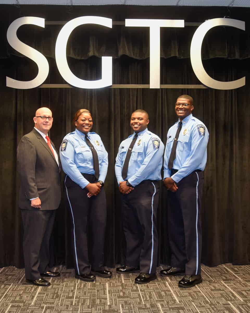 South Georgia Technical College LEA Academy Director Brett Murray is shown above with the members of the South Georgia Technical College Law Enforcement Academy Class 23-02 cadets who competed their training recently. The cadets earned their POST certification and a technical certificate of credit for their course work in the academy. Shown above are: Takeita Denise Clark, Jashaun Marquis Wilson, and Cedric Demond Bryant.