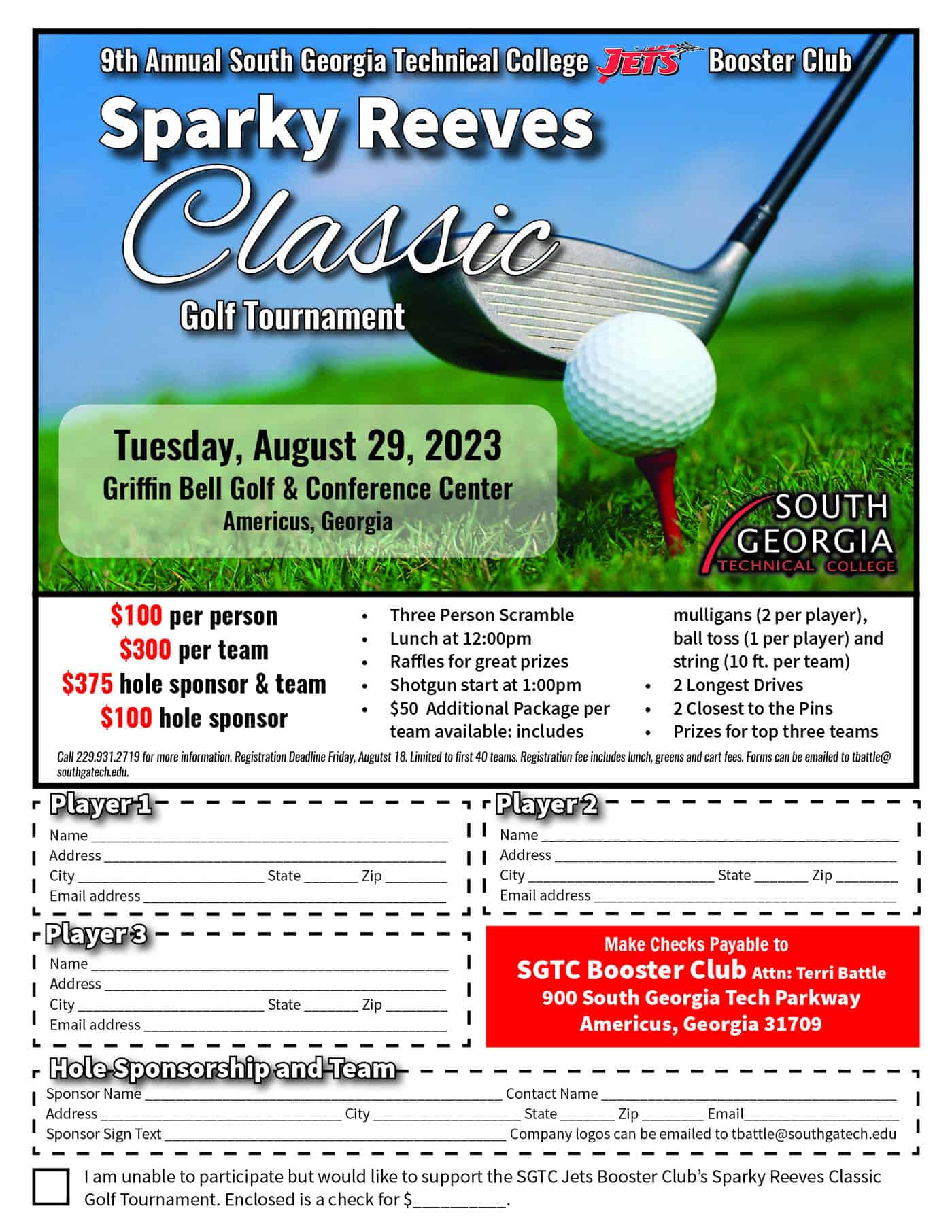 9th annual Sparky Reeves Classic Golf Tournament planned for Tuesday, August 29th.