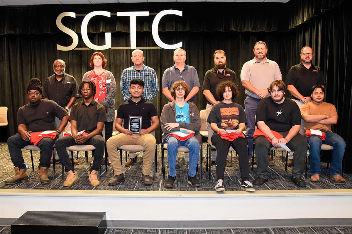 Nominees for SGTC’s Student of Excellence Award for September were (front row, L-R) Jarvis Jackson, Malachi Anderson, Abelardo Gomez Ruiz, Tucker Owen, Mary Katherine Madrid, Ashton Denning, and Luis Diaz-Perez. Back row (l-r) are nominating instructors Johnny Griffin, Kristie Hudson, Patrick Owen, Mike Collins, Brandon Gross, Chad Brown, and Ted Eschmann.