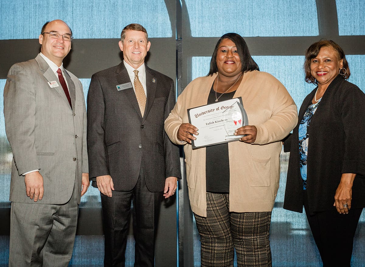 SGTC Vice President of Student Affairs Eulish Kinchens (third from left) is shown at the TCSG Leadership Academy Graduation ceremony with Carl Vinson Institute Associate Director David Tanner, TCSG Commissioner Greg Dozier, and TCSG President Executive Leadership and Talent Initiatives Dr. Alvetta P. Thomas.