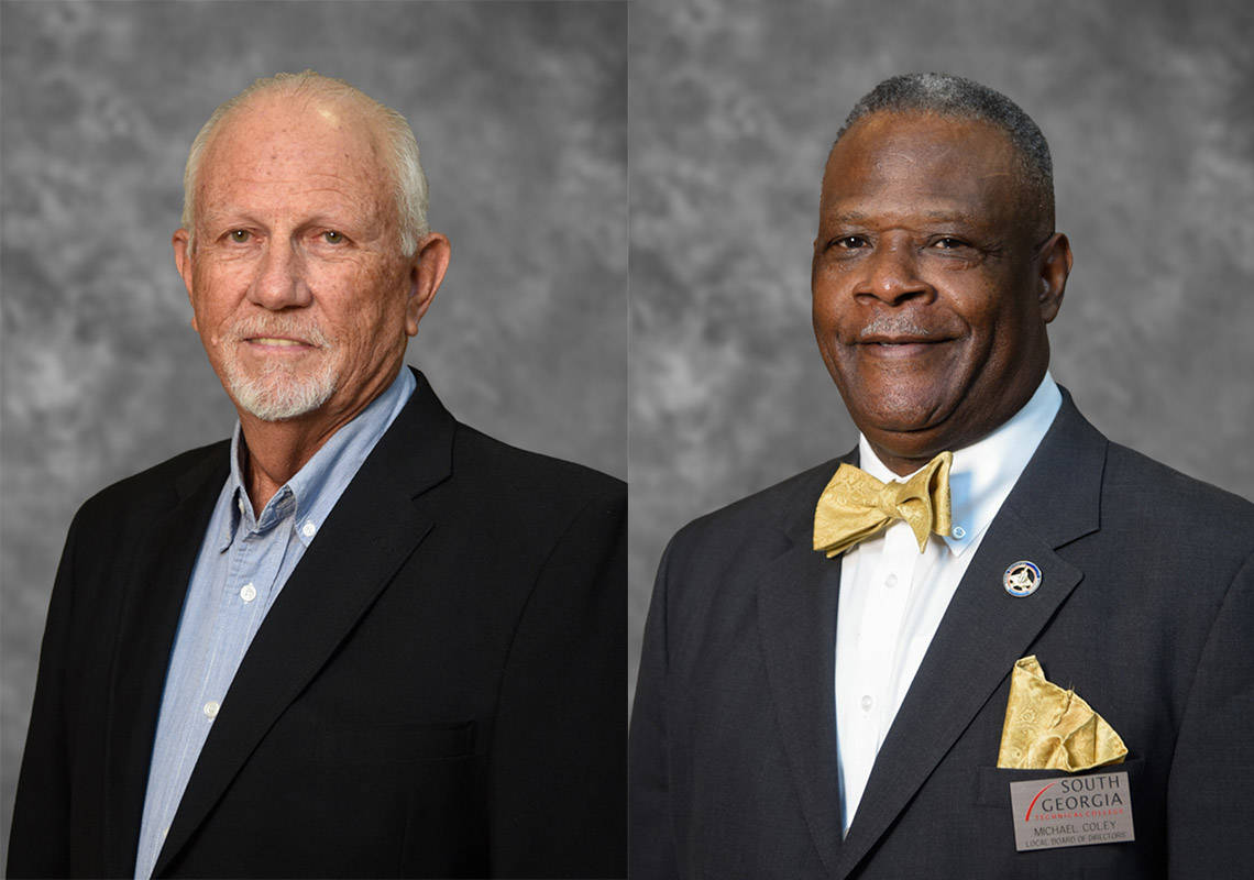 South Georgia Technical College Board of Directors James T. (Jake) Everett and Michael D. Coley recognized at the TCSG 2023 Leadership Conference as Alumni of the Year for SGTC.