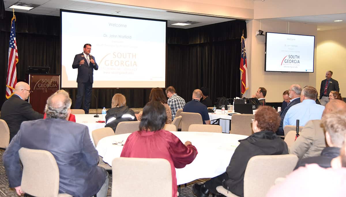 South Georgia Technical College President Dr. John Watford welcomes the large crowd to the Aviation Listening Session sponsored by the Technical College System of Georgia at South Georgia Technical College.