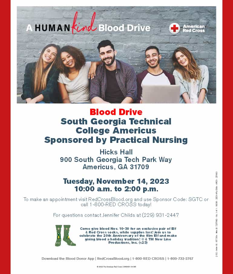 South Georgia Technical College in Americus will host a blood drive on November 14.