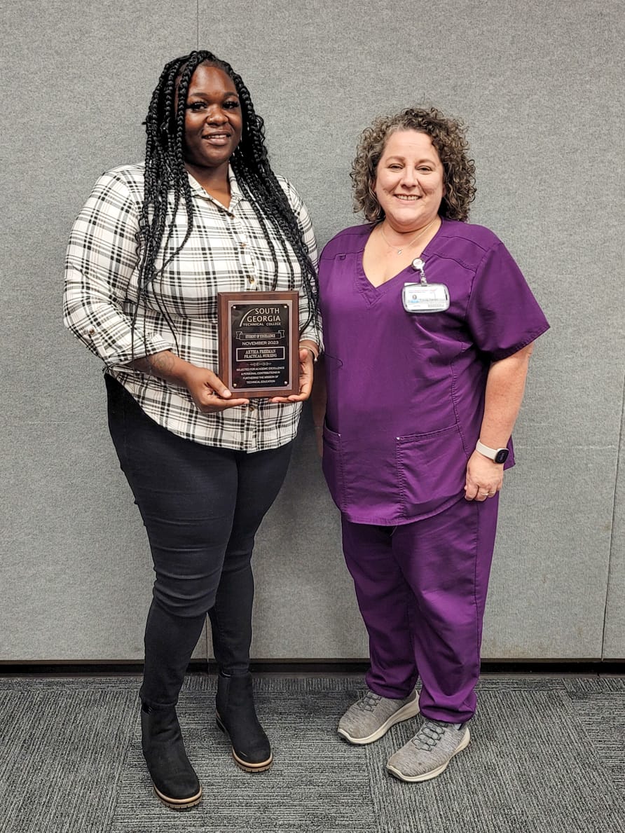 SGTC Crisp County Center overall Student of Excellence Winner Akybia Freeman (left) with Practical Nursing instructor Brandy Patrick.