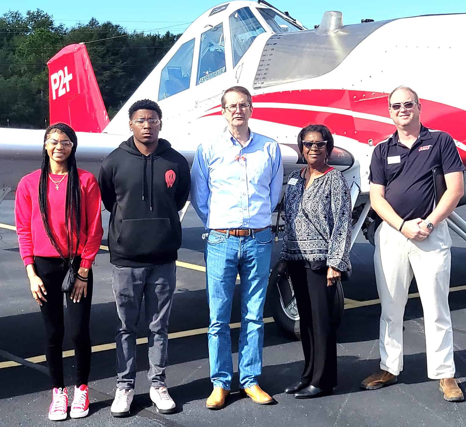 SGTC Aircraft Structural Technology students Shabrya Jefferson and Cameron Hillsman are shown above with Thrush CEO Mark McDonald and SGTC Career Services Director Cynthia Carter and SGTC Aircraft Structural Technology Instructor Jason Wisham after a tour of the Thrush Manufacturing facilities.