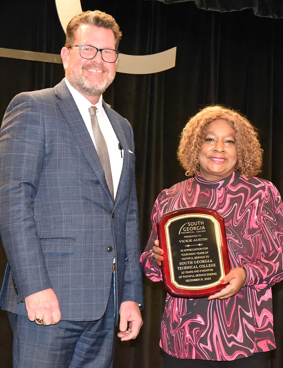 South Georgia Technical College President Dr. John Watford (left) is shown above with retiring Vickie Austin.