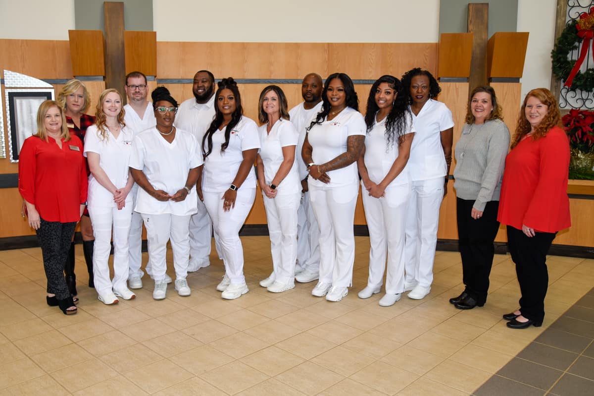 Pictured are recent graduates of the SGTC Practical Nursing program and their instructors at the recent pinning ceremony. Shown left to right are instructors Christine Rundle and Brandi Chappell; graduates Morgan Senkbeil, Jesse Adkins, Shahida Clarke, Kareem Volley, Diamond Hollis, Kimberly Barnes, Robert West, Aderica Ross, Takeya Hollis, and Youlander Sawyer-Brewton; and instructors Raissa Welch and Jennifer Childs.