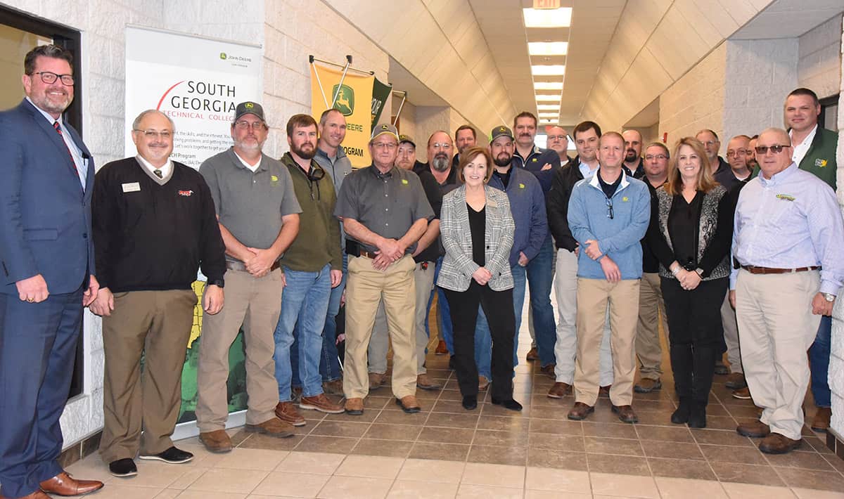South Georgia Technical College President Dr. John Watford is shown above with SGTC Academic Dean David Finley, John Deere Ag Tech instructors Matthew Burks and Wayne Peck along with Partnership Coordinator Tami Blount and John Deere dealer representatives and corporate officials from across the Southeastern United States.