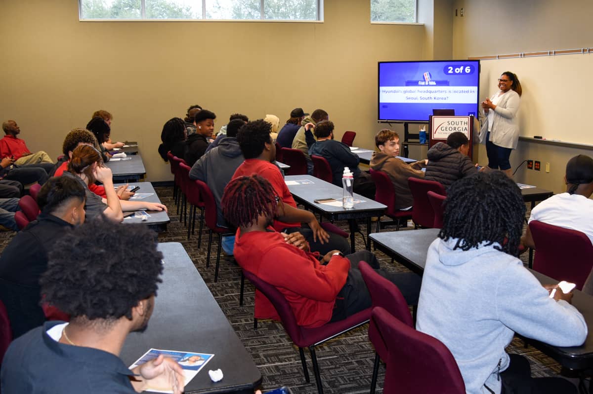Candace Mabry, Technician Recruiting Liaison for Hyundai Motor America, speaks to SGTC students about career opportunities with Hyundai.