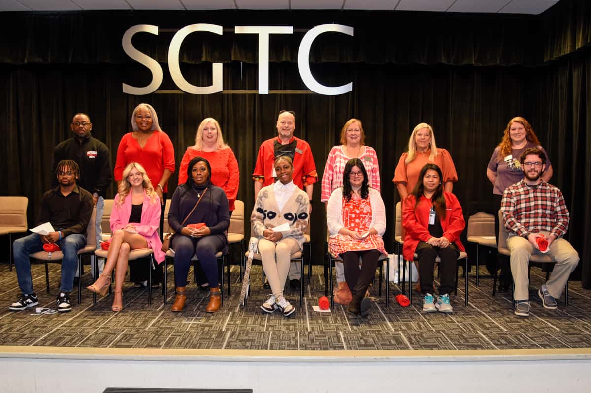 Pictured are nominees for SGTC Student of excellence and their instructors. Seated (l-r) are nominees Cameron Burton, Paris Biery, Diquita Mathis, Naja Lindsay, Caitlin Ragusa, Edmaleen Gaultney, and John Mizell. Standing (l-r) are instructors Andre Robinson, Dorothea Lusane-McKenzie, Ricky Watzlowick, Jaye Cripe, Sheri Bass, and Jennifer Childs.