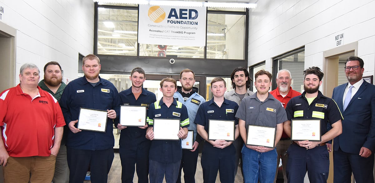 South Georgia Technical College President Dr. John Watford is shown above (far right) with SGTC Heavy Equipment Dealer Service Technology Don Rountree (back row far right), Heavy Equipment Dealer Service Electric Power Generation instructor Keith McCorkle and Heavy Equipment Dealer Service Technology Instructor Rance Pross (far left), and eight of the CAT Think Big students that received the scholarships for their outstanding academic and leadership qualities. Caterpillar Heavy Equipment Dealer’s Service Technology students Forrest White of Rockford, AL; Noah Smith of McDonnah, GA; David A. Ferguson of Ethel, MS: Justin Troglin of Crossville, TN; Benjamin T. Smelcer of Dandridge, TN; Ashton Rachels of Odenville, AL; and Colgan Jones of Florence, SC. CAT students not shown are Walker Whalen of Orangeburg, SC; Wyatte Davis of Corryton, TN; and Connor Wesson Stephens of Semmes, AL. The John Deere students who received the scholarships that are not shown included: Jacob Blankenship, Eli Shore, Hunter Janes, and Evan Drury.