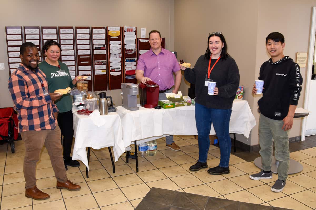 (L-R) Kadeem Williams, Erika Carrillo, Josh Curtin, Tricia Rice, and Joseph Jolly enjoy tea time.