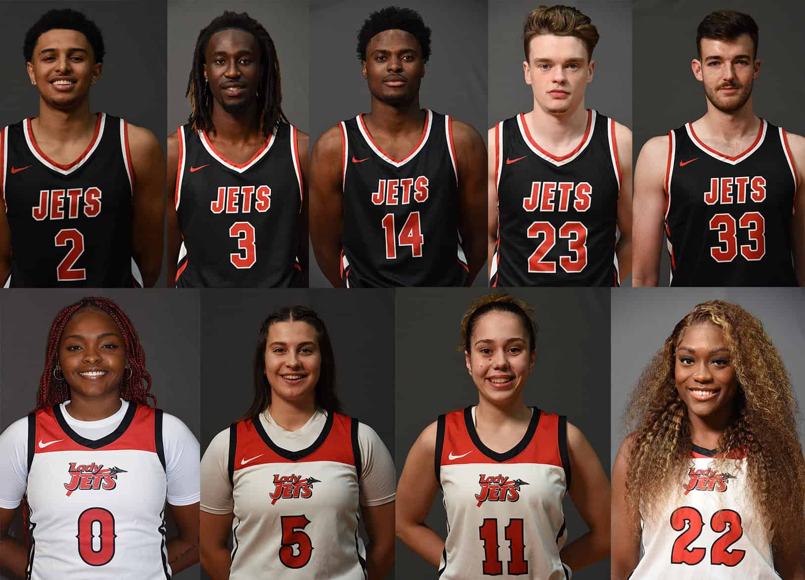 Shown above are the nine SGTC Jets and Lady Jets named to the GCAA All-Academic Team. The Jets are: Deonte Williams (2), Israel Momodu, (3), Ryan Djoussa (14), Justin Evans, (23), and Noah Barnett (33). The Lady Jets selected included: Isabel de Souza Bueno (0), Greta Carollo (5), Vera Gunaydin (11), and Maeva Fotsa (22).