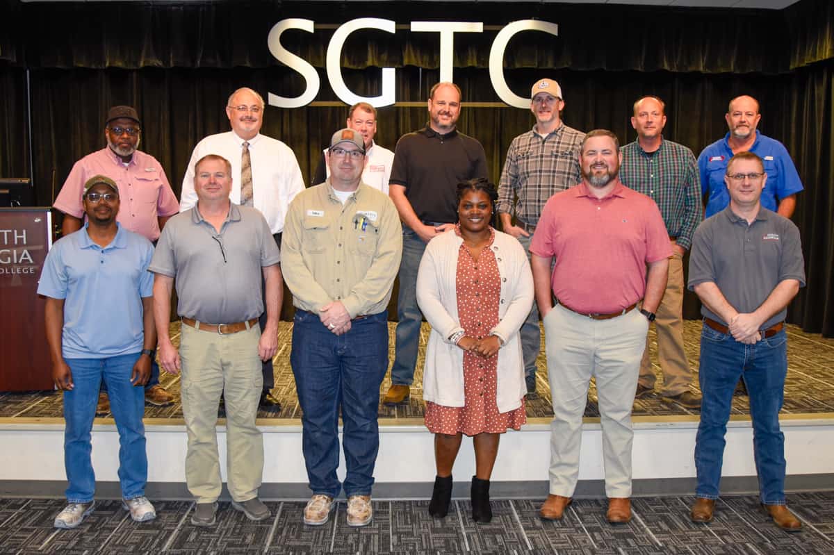 Pictured are members of the SGTC industrial programs advisory council. Front row (l-r) are Gabriel Hilliard, Mike Collins, Michael Jakulski, Katrice Martin, Chad Brown, and Brad Aldridge. Back row (l-r) are Johnny Griffin, Dr. David Finley, Bryan McMichael, Ted Eschmann, Josh Strange, Patrick Owen, and Hunter Clements.