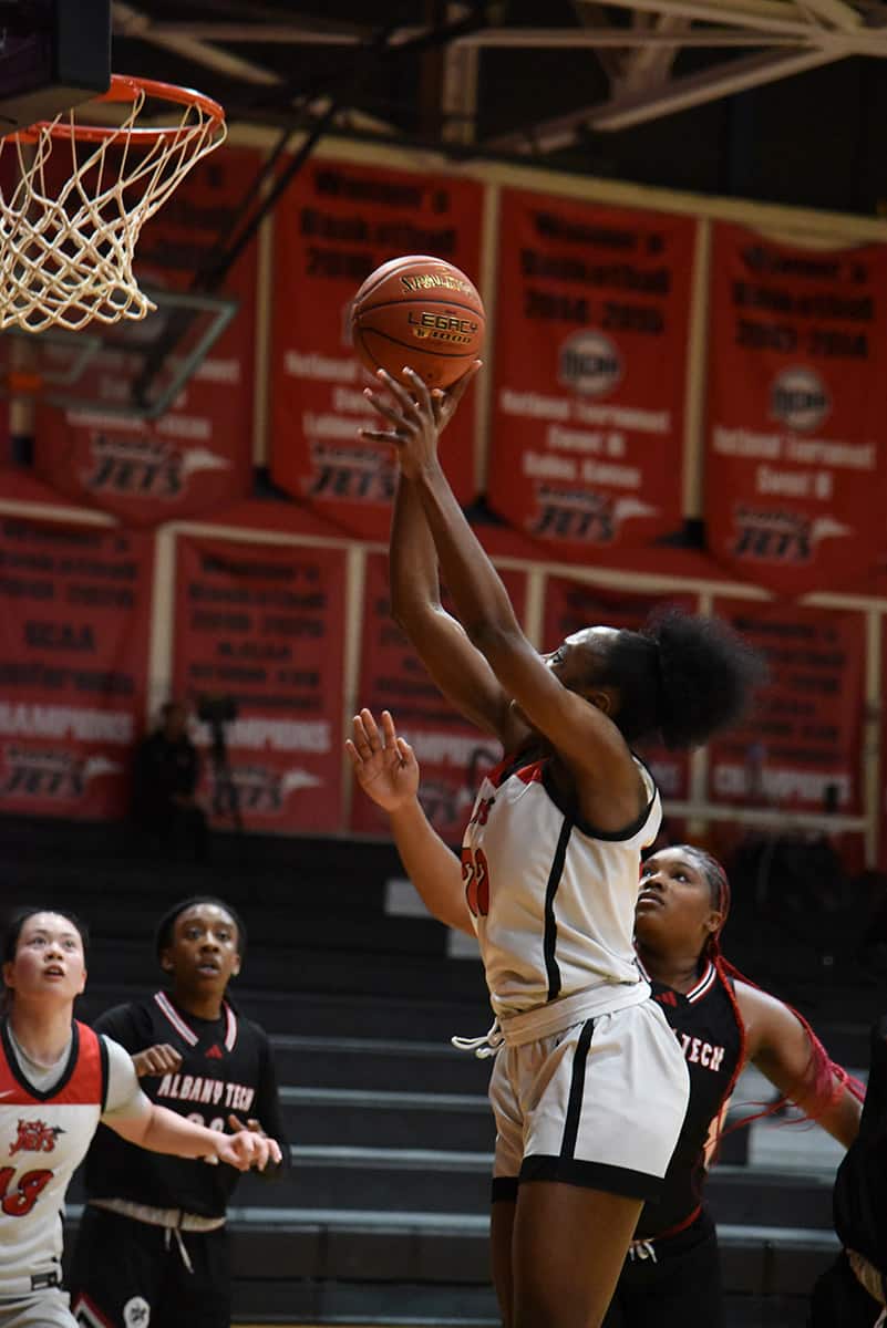 Maeva Fotsa, 22, had a double-double night for the Lady Jets in the win over Albany Tech.
