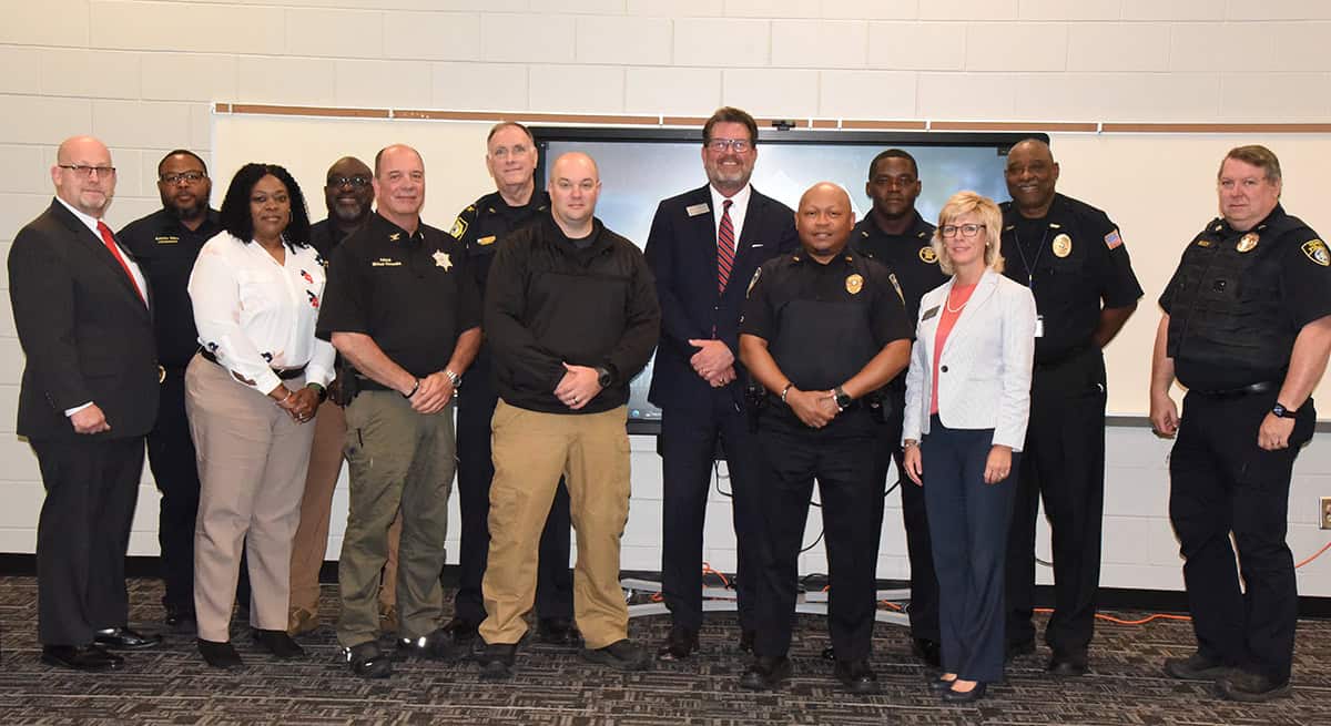SGTC President Dr. John Watford is shown above with the members of the area law enforcement agencies that attended the roundtable discussion along with SGTC Vice President of Academic Affairs Julie Partain and Academic Dean Brett Murray.