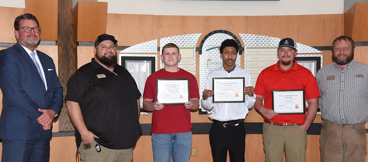 South Georgia Technical College President Dr. John Watford is shown above (l to r) with Diesel Technology Instructor David Cox, scholarship winners Justin McCardle, Kadarious Idlette, and Austin Rouse. Also shown is SGTC Diesel Equipment Technology instructor Chase Shannon. The three students were presented with certificates for receiving the Nadeen Green and Ned Cone Scholarships in addition to their scholarship funds.