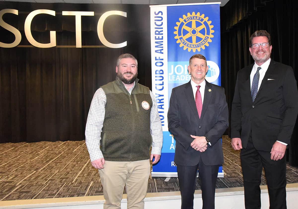 Americus Rotary Club President Jaye Anderson is shown above with TCSG Commissioner Greg Dozier and SGTC President Dr. John Watford.
