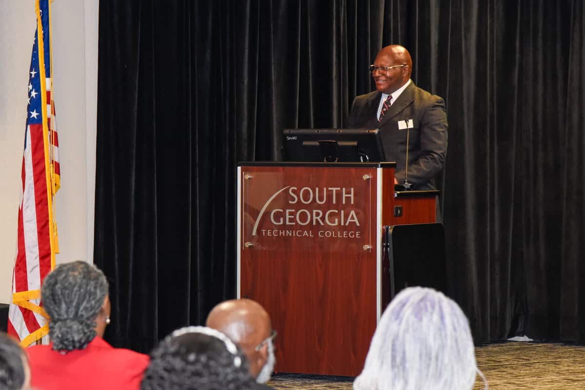 Keynote speaker Alton Ford delivers remarks at South Georgia Technical College’s recent Black History Month celebration.