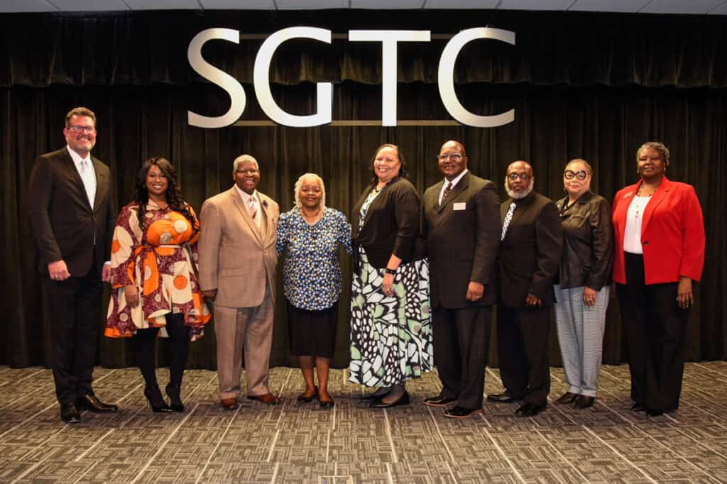 Picture (l-r) are President Dr. John Watford, Janeisha Brown, Glenn Bryant, Lynn Williams, Jean Ford, keynote speak Alton Ford, Johnny Griffin, Teresa O’Bryant and Mary Cross at the recent South Georgia Technical College Black History Month celebration.