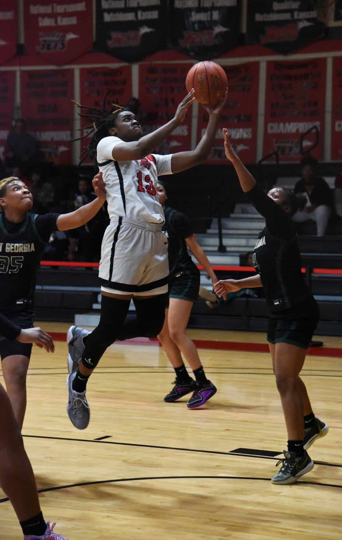 Stephie Salumu, 13, was tied with Mio Sakano as the leading scorer against East Georgia with 17 points. She also led the team in rebounding with 12.