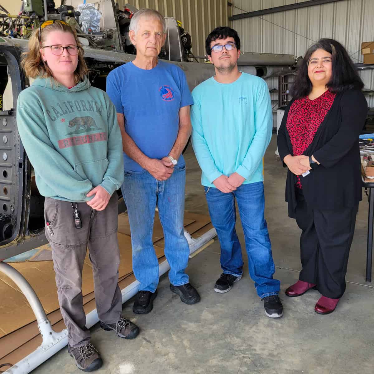 Pictured from left to right are current SGTC aviation student Audrey Pavik, Rick Willis, Owner of R&D Aeronautical, recent aviation maintenance graduate Andrew Diaz and WIOA Coordinator Sandhya Muljibhai.