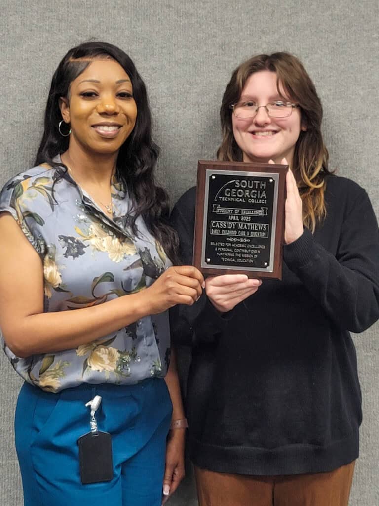 Cassidy Mathews of Vienna (right), pictured here with Early Childhood Care and Education instructor Cambrette Hudson, was named the Student of Excellence for spring semester at the South Georgia Technical College Crisp County Center.