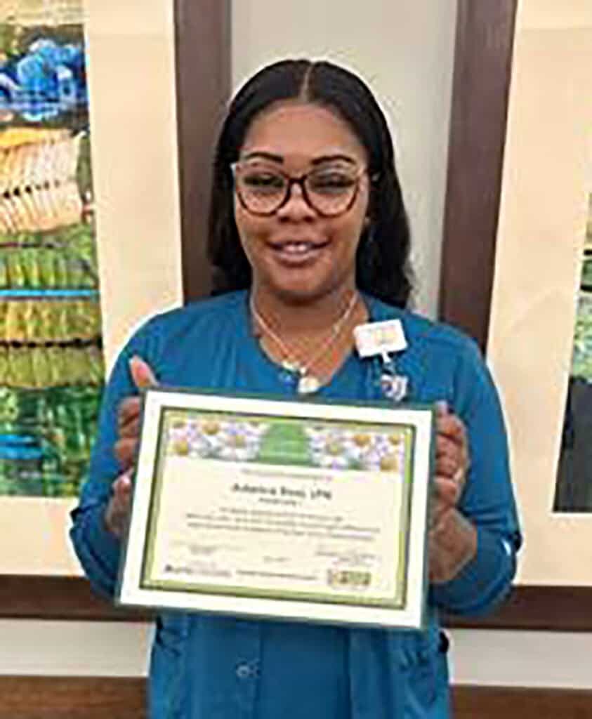 Aderica Ross is shown above with her “Daisy of the Day” certificate from Phoebe Sumter Medical Center.