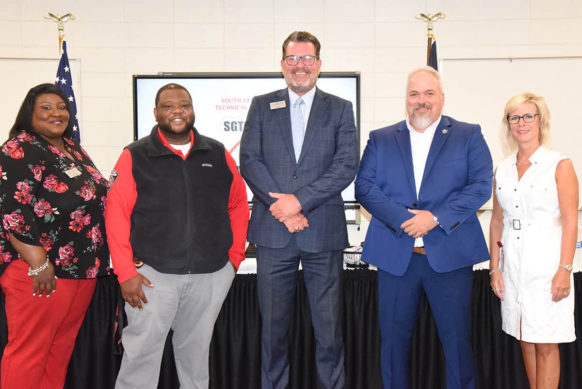 SGTC President Dr. John Watford (center) is shown above with (l to r) SGTC Vice President of Student Affairs Eulish Kinchens, SGTC Police Chief and Campus Safety Director Calvin Hodge, Jr., SGTC LEA Director Jim Mitchell, and SGTC Vice President of Academic Affairs Julie Partain.