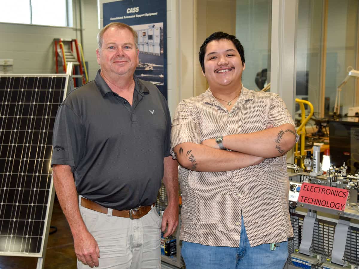 SGTC Electronics Technology student Philip Anthony Fajardo Quillope (right) recently earned an internship opportunity with International Paper. He is pictured here with Electronics Technology instructor Mike Collins.