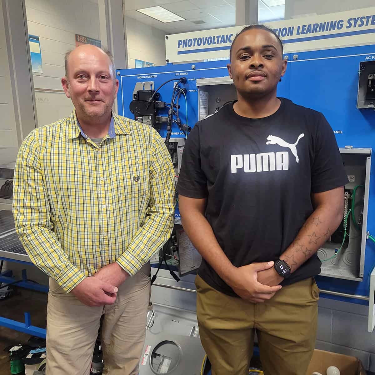 SGTC Electrical Systems Technology student Kelsey Bridges (right) is pictured with program instructor Patrick Owen. Bridges recently secured an internship with International Paper in Oglethorpe.