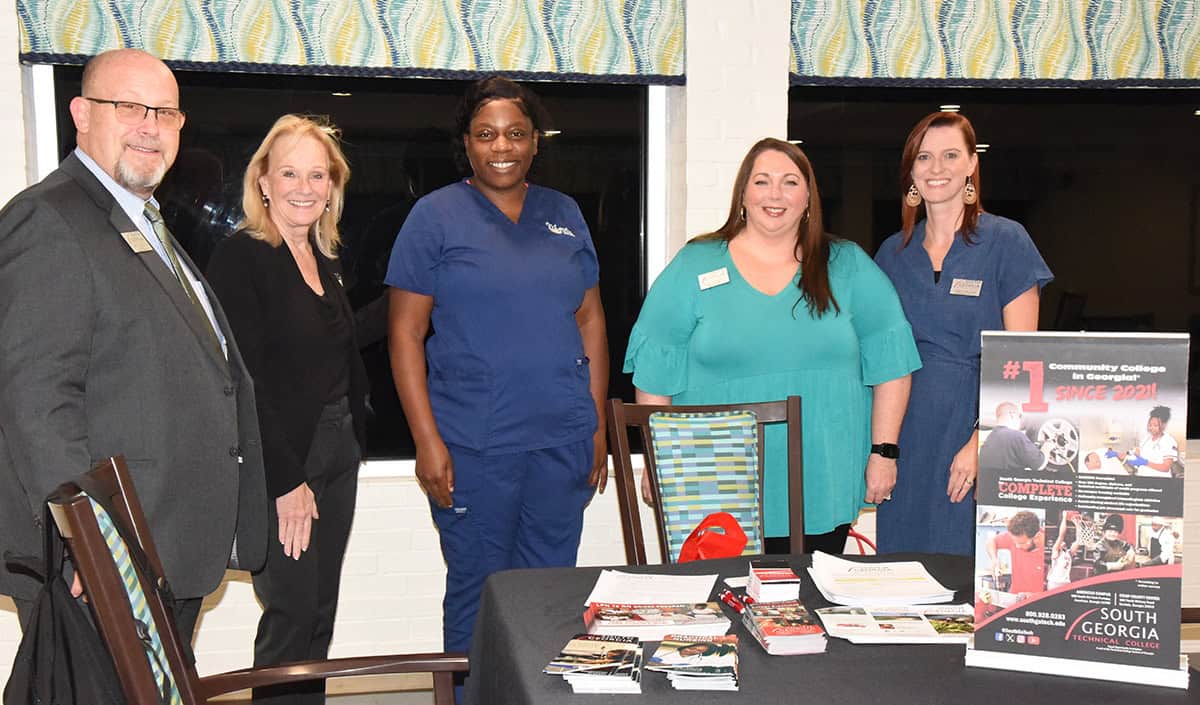 South Georgia Technical College Academic Dean Brett Murray is shown above with Magnolia Manor Senior Living Senior Vice President of Human Resources and Magnolia Manor employee Sherry Wilkerson along with SGTC Financial Aid Director Kelly Everett and SGTC Admissions Director Candie Walters during the on-site recruiting event at Magnolia Manor.