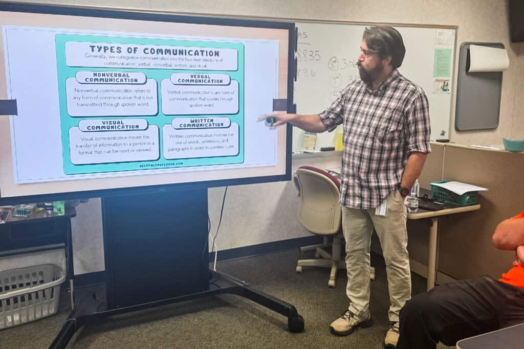 Media & Library Services Specialist D.W. Persall explores the types of communication during a recent workshop on the SGTC Crisp County campus.