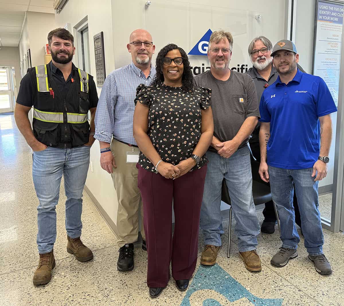 SGTC Academic Dean Brett Murray, SGTC Welding Instructor Tom Mayo, Automation Technology Instructor David Price are shown above with GP HR Director Nicole Black along with the other GP officials they met with: Maintenance Manager Kyle Wagner, Maintenance Supervisor Trent Mock, and BJ Bowles, Electrical Supervisor.