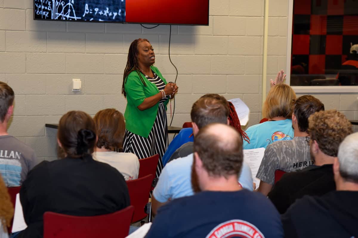 SGTC Special Services Coordinator Jennifer Robinson addresses students at the recent effective communication workshop on the Americus campus.